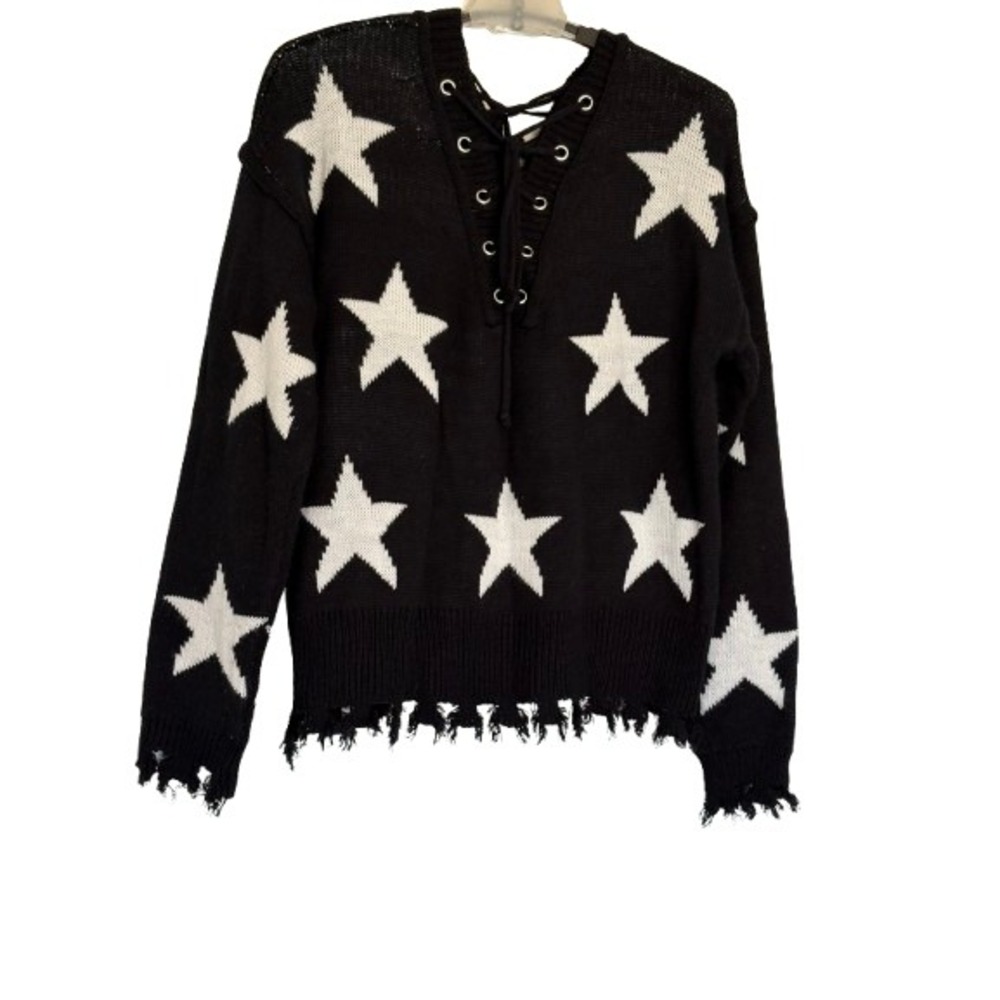 Black Star Print Lace Up Distressed Knit Sweater Small Grunge Punk Rock